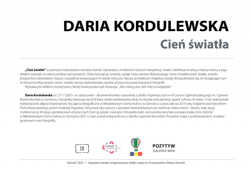 Wystawa Darii Kordulewskiej, pt. Cień światła