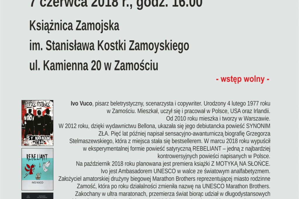 Zamość: Książnica zaprasza na spotkanie z Ivo Vuco
