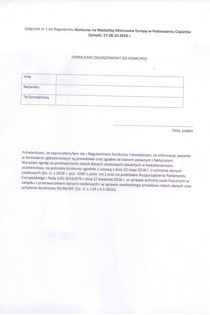 Zamość: Konkurs na Maskotkę Mistrzostw Europy w Podnoszeniu Ciężarów