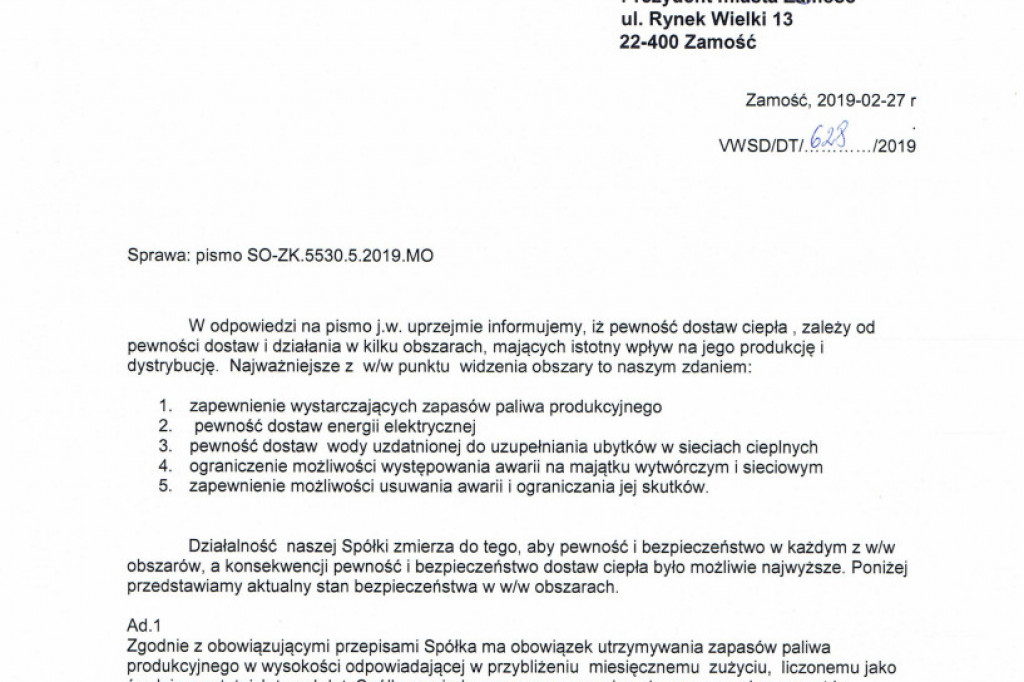 Zamość: Odpowiedź od prezesa Veolii Wschód Sp. z o. o. na prośbę Prezydenta