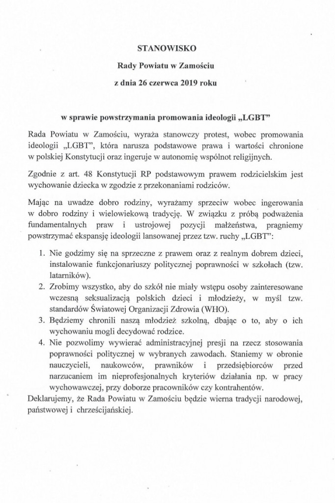 Rada Powiatu deklaruje wierność tradycji i sprzeciwia się 