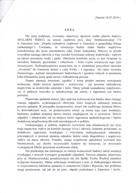 Nie dla spalarni śmieci w Zamościu