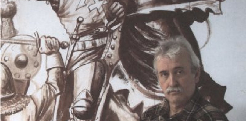 Stanisław Eugeniusz Bodes na tle swojego dzieła, foto: Muzeum w Hrubeszowe