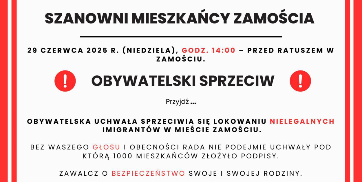 STOP nielegalnym imigrantom. W Zamościu pikieta 29 czerwca