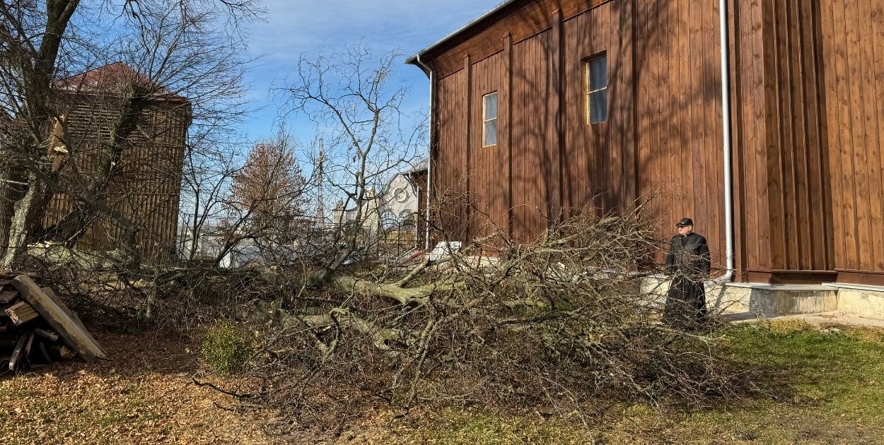 Katastrofa o krok! Złamane drzewo przy kościele w Dubie!. Foto. redakcja roztocze.net
